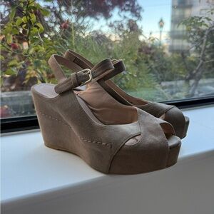 Stuart Weitzman Grey/Taupe Turnover Suede Wedge Platform Sandals